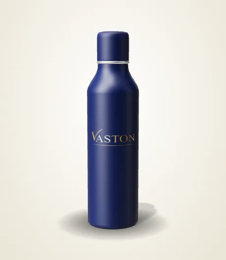 Navy insulated bottle with a gold Vaston logo