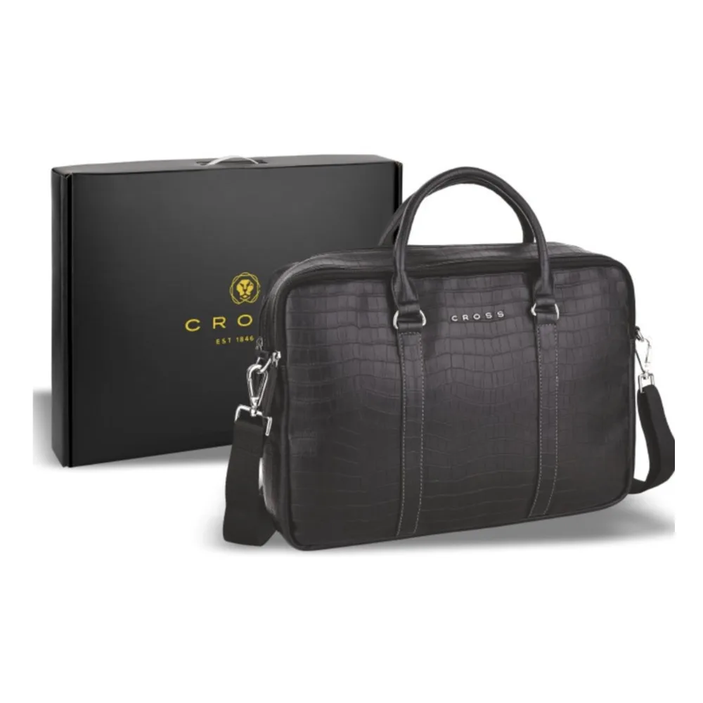Black leather laptop bag with gift box